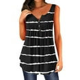 thumbnail image 1 of Femmes Stripe Print Boutons Plissée Réservoir Sans Manches Col Rond Ourlet, 1 of 3