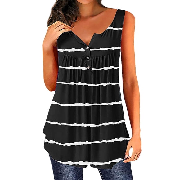 Women Stripe Print Buttons Pleated Tank Sleeveless Crew Neck Scoop Hem Top