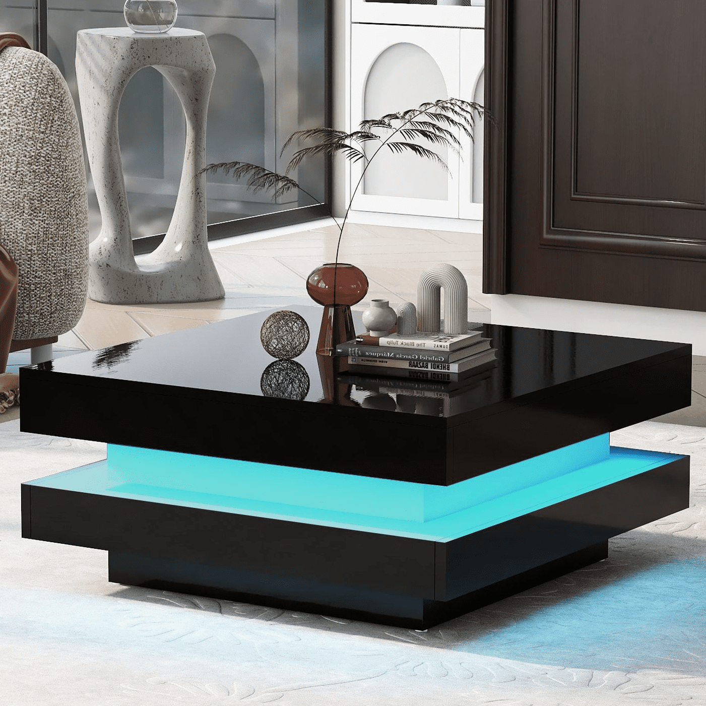 Aukfa Coffee Table with Plug-in 16-Color LED Lights for Living Room - Black