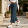 thumbnail image 5 of Women's Wide Leg Cropped Pants, High Waisted Loose Pants with Elastic Waist, Side Slit & Pockets, Beach Vacation Summer Wear | VerBelle,Navy S, 5 of 9