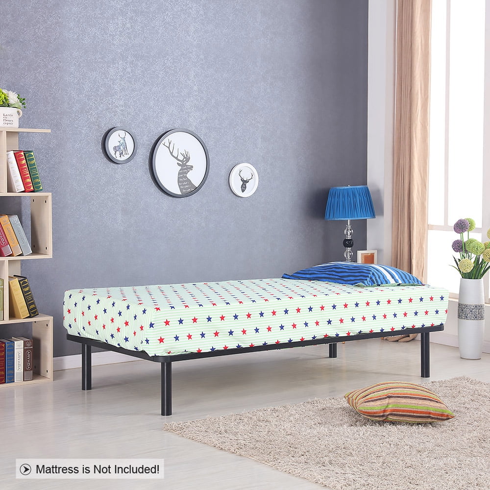 iKayaa Contemporary Platform Metal Bed Frame with Wood Slats for Twin