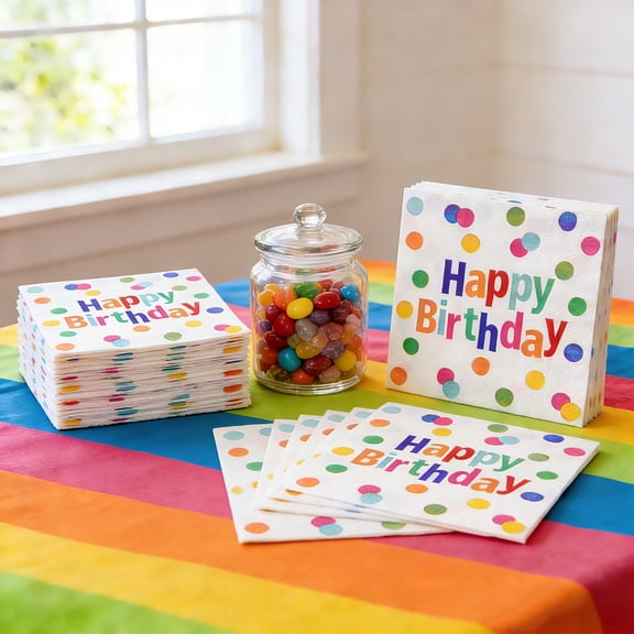 20pcs Happy Birthday Polka Dot Paper Napkins - Colorful Printed Disposable Luncheon Napkins for Birthday Party Decor, Durable Party Tableware Supplies for Celebration & Gathering, Colorful