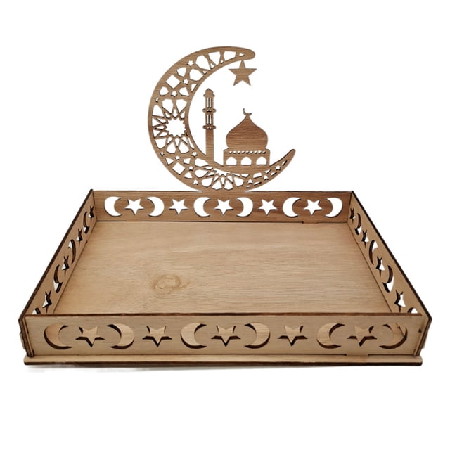 Bandeja Eid Mubarak, Plato de decoración de mesa Eid Mubarak de madera, Bandeja de pastelería de postre de decoración Ramazan para galletas de pastel de dulces de fiesta islámica