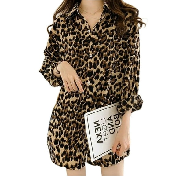 JUNTEX Womens Plus Size Long Sleeve Blouse Vintage Leopard Printed Lapel Collar Shirts