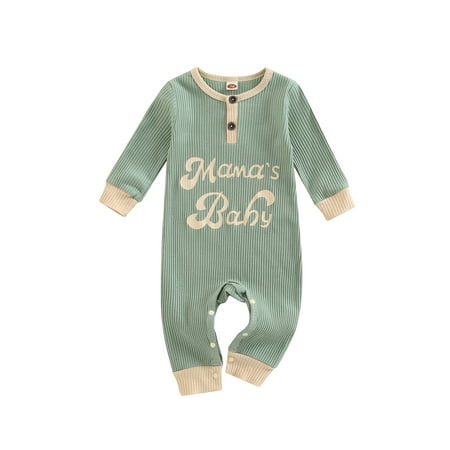 

Girl Boy Long Sleeve Round Neck Letters Print Crotch Buttons Romper