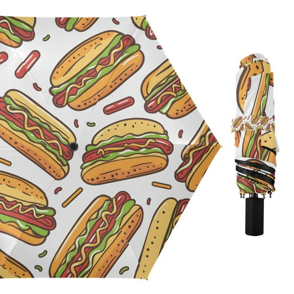 Hand-drawn Hot Dog Compact Sun Umbrella Windproof Travel Umbrellas for Rain Strong Portable UV Protection
