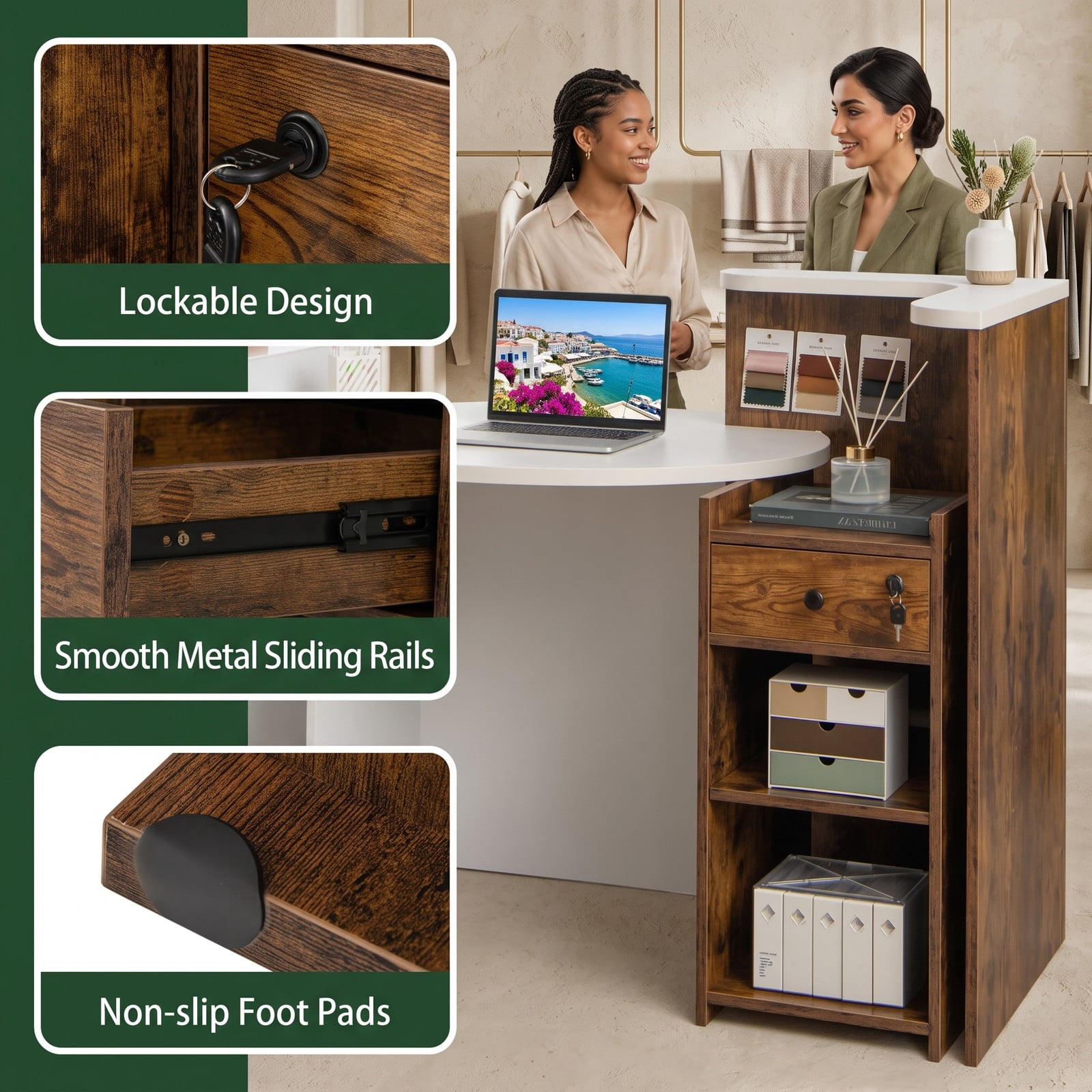 Furnibear Reception Office Desk, L-Shaped Front Desk Reception Counter with Lockable Drawer, Adjustable Open Shelf and Bottom Storage for Office, Rustic Brown & White