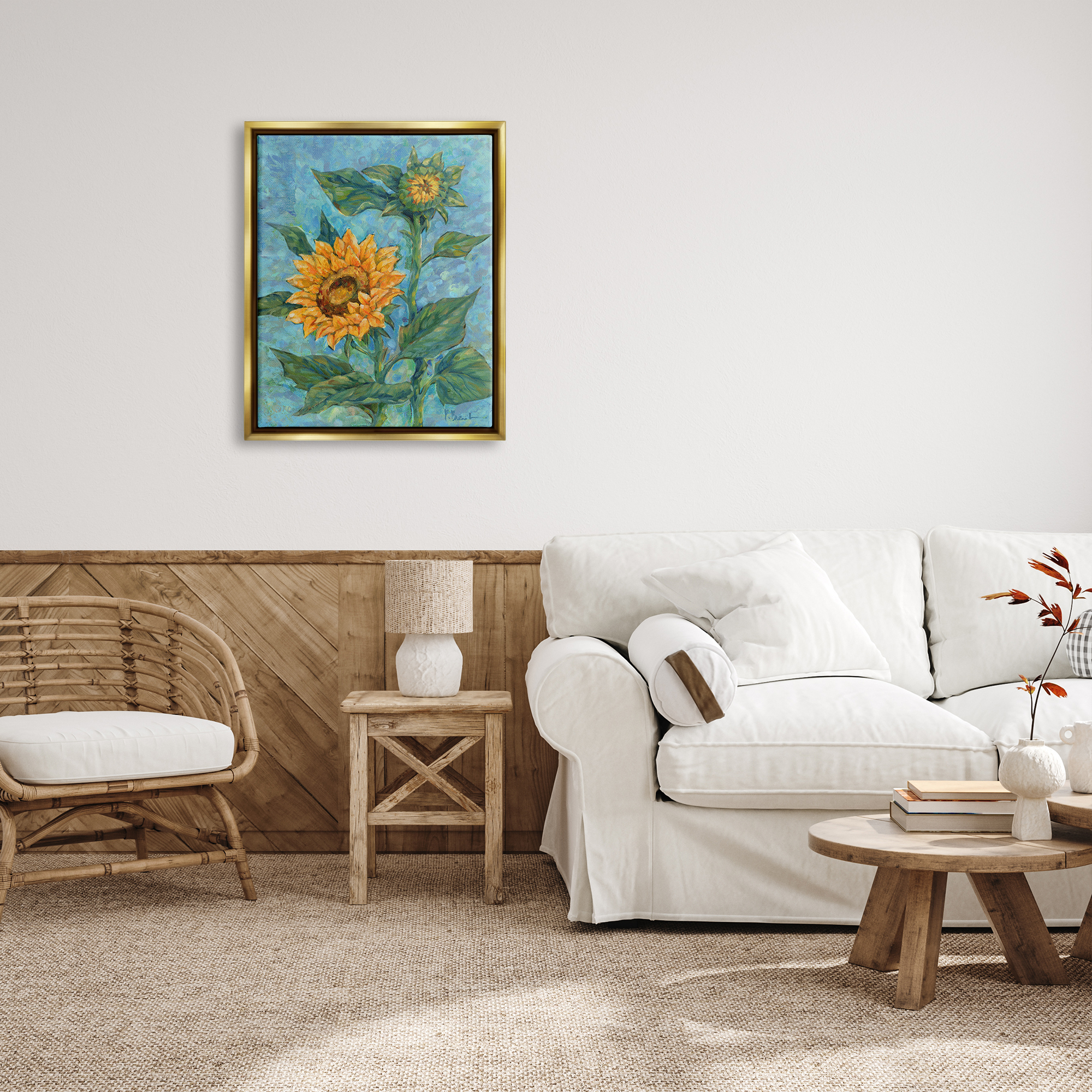 Stupell Industries Classic Style Sunflower Buds Botanical & Floral Painting Gold Floater Framed Canvas Art Print Wall Art, 25 x 31