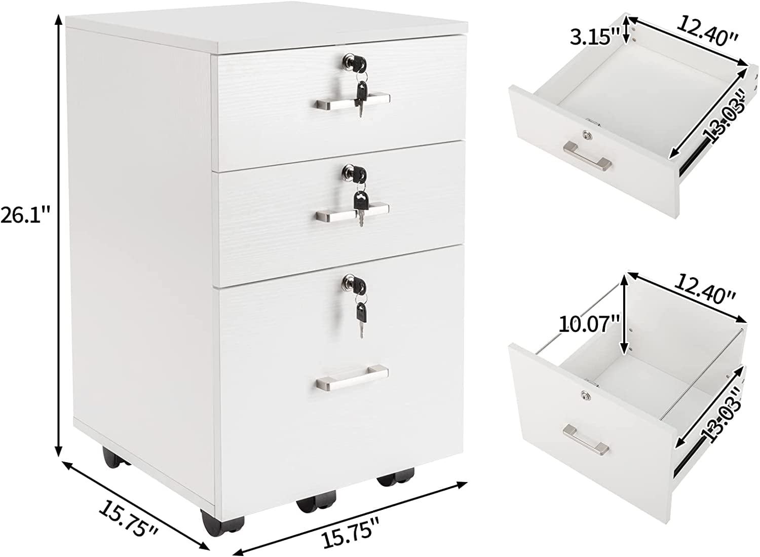 Wooden File Cabinet, 3 Drawer Vertical File Cabinets with 3 Lock,Printer Stand Mobile Storage Cabinet,Filing Storage Drawer for Home,Office,White(15.75" L x 15.75" W x 26.1" H)
