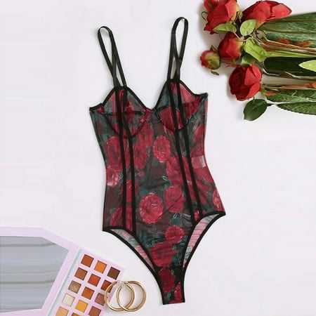 Sentmoon Lingerie for Women Ladies Elegant Fashion Sexy Linger Floral Pattern Mesh Teddy Bodysuit Underwear Women s Lingerie  Sleep & Lounge Valentines Day Gifts for Her Fall Saving
