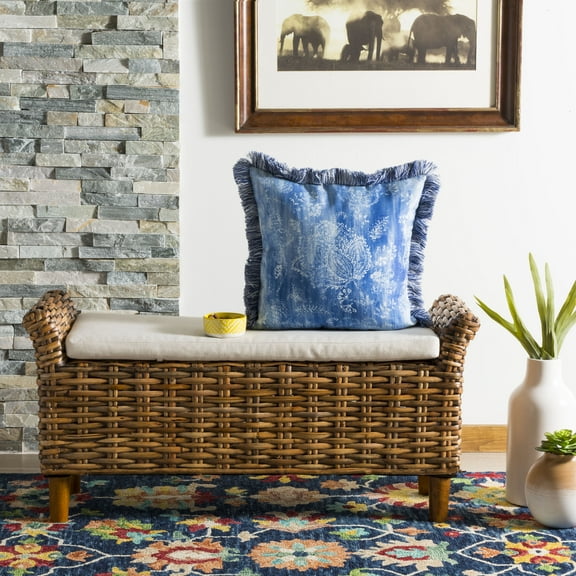 SAFAVIEH Kayden Damask 16" x 16" Plush Pillow with Fringe, Blue/Cream