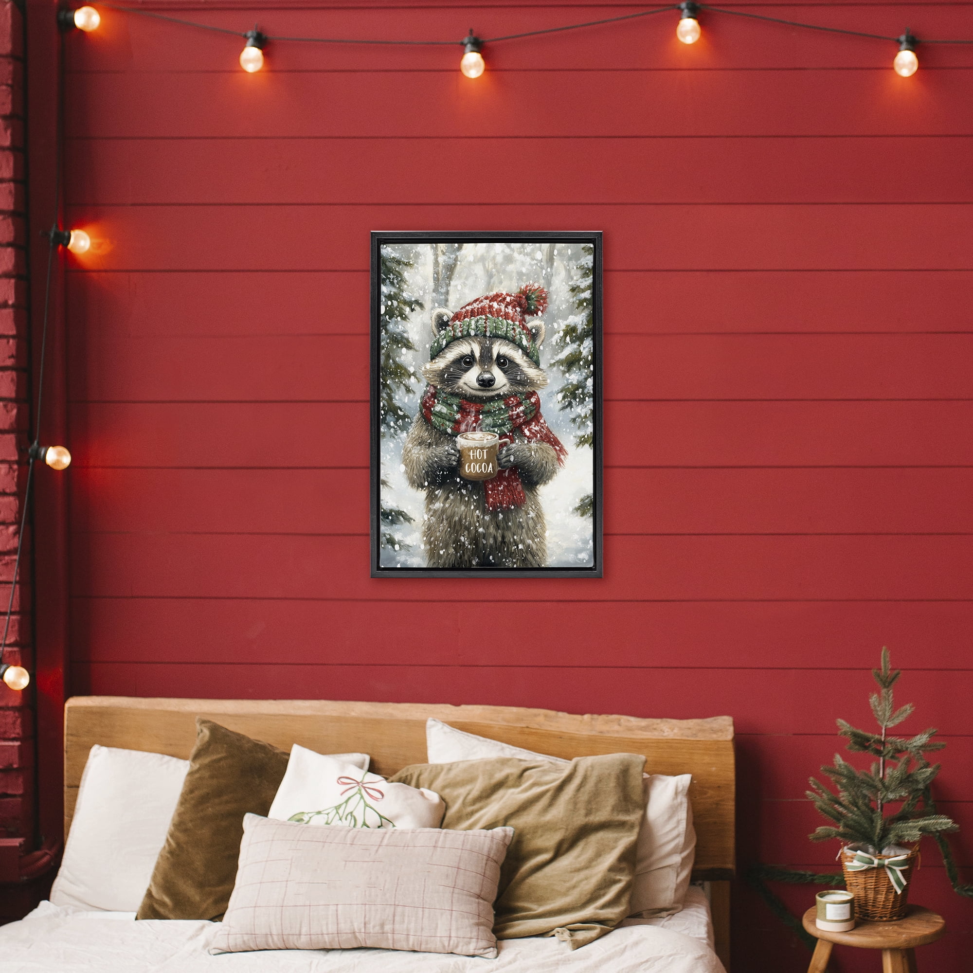Stupell Industries Merry Cocoa Raccoon Black Framed Floater Canvas Wall Art, design by Tina LeCour