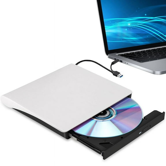 External CD DVD  /-RW Drive, USB 3.0 & USB-C Portable CD & DVD ROM Burner Player Reader Writer Rewriter Disc Drive,White
