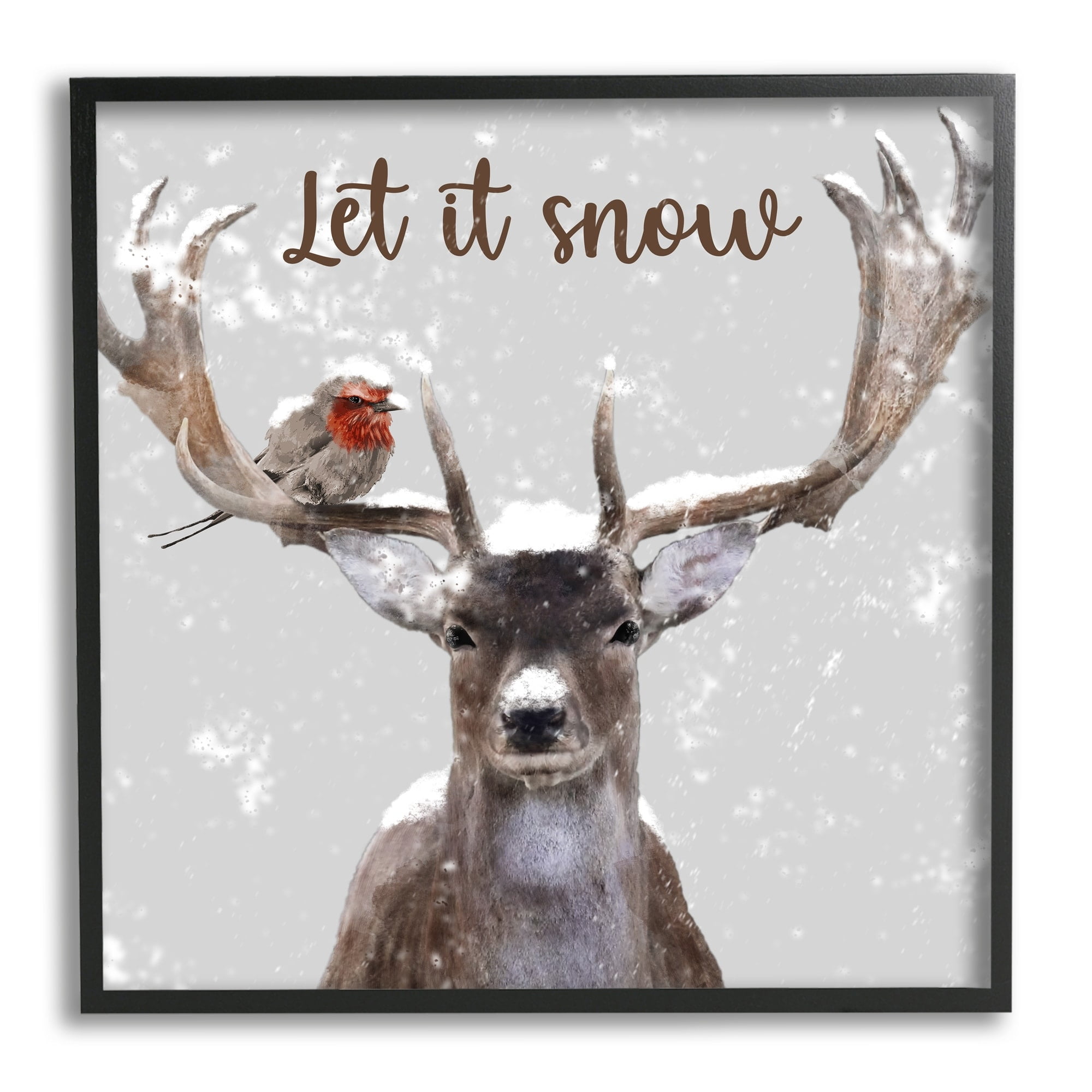 Let It Snow Winter Bird Perched Deer Antlers Animals & Insects Graphic Art Framed Art Print Wall Art