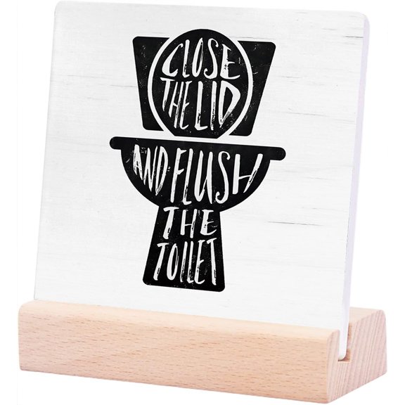 Ceramic Sign 4x4Inch Funny Farmhouse Bathroom Decor For Shelves Close The Lid And Flush The Toilet Plaque Sign with Wood Stand Bathroom Accessories Decor Bathroom Shelf Counter Restroom Home Decor