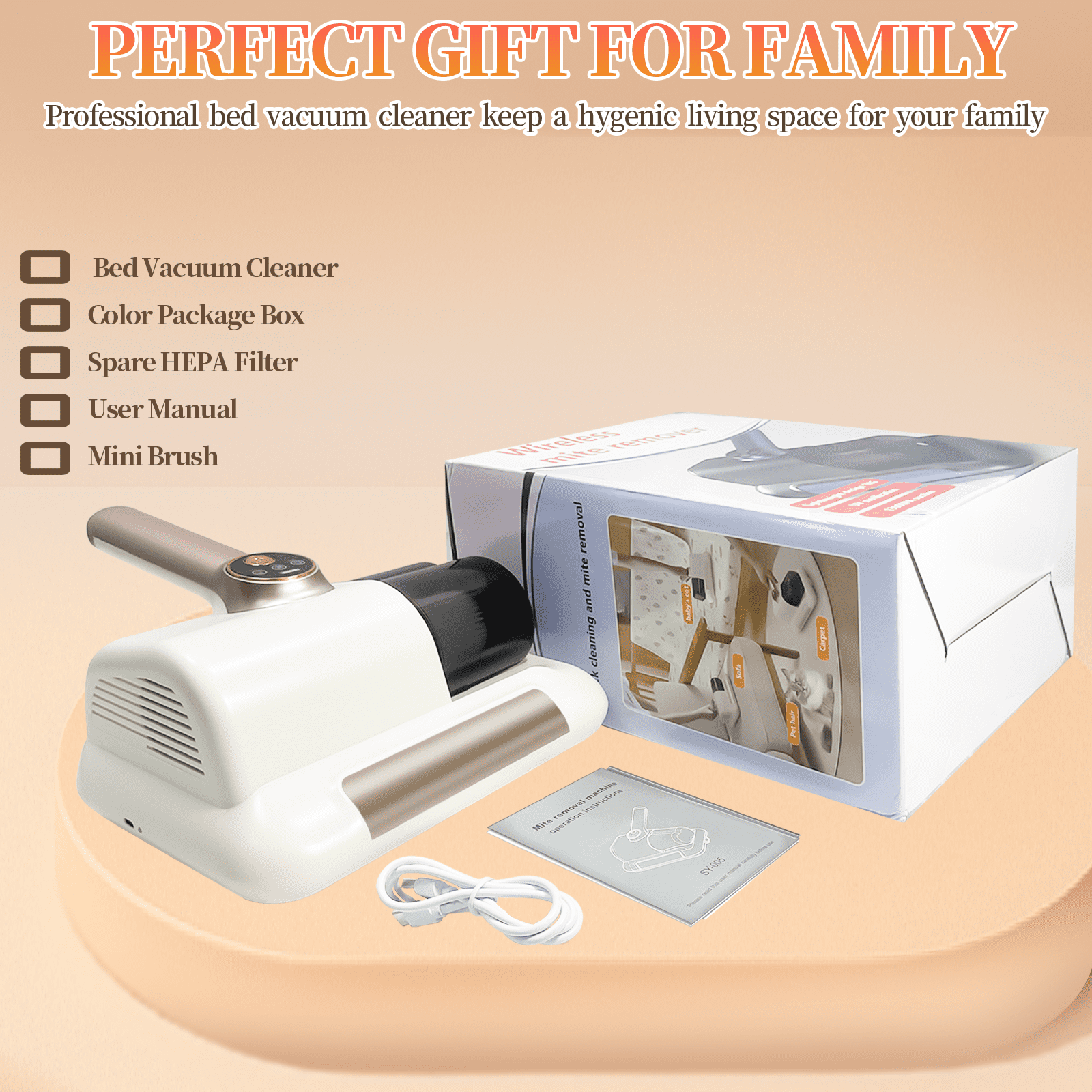 Cordless Mattress Vacuum Cleaner, 253.7nm UV-C Light, 1kPa Strong Suction, 8000 Rpm Double Tapping, Dual Dust Collector, Wide Suction Port for Bed & Pet Hair