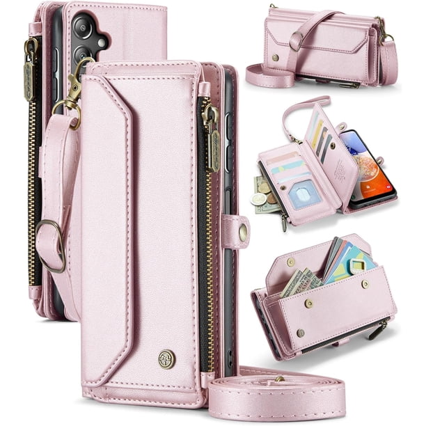 funda billetera para Samsung Galaxy A14 con Protección RFID, Ranuras para tarjetas, Pata de Cabra, Correa Desmontable-Funda para teléfono tipo Bandolera con Tapa de Cuero PU a prueba