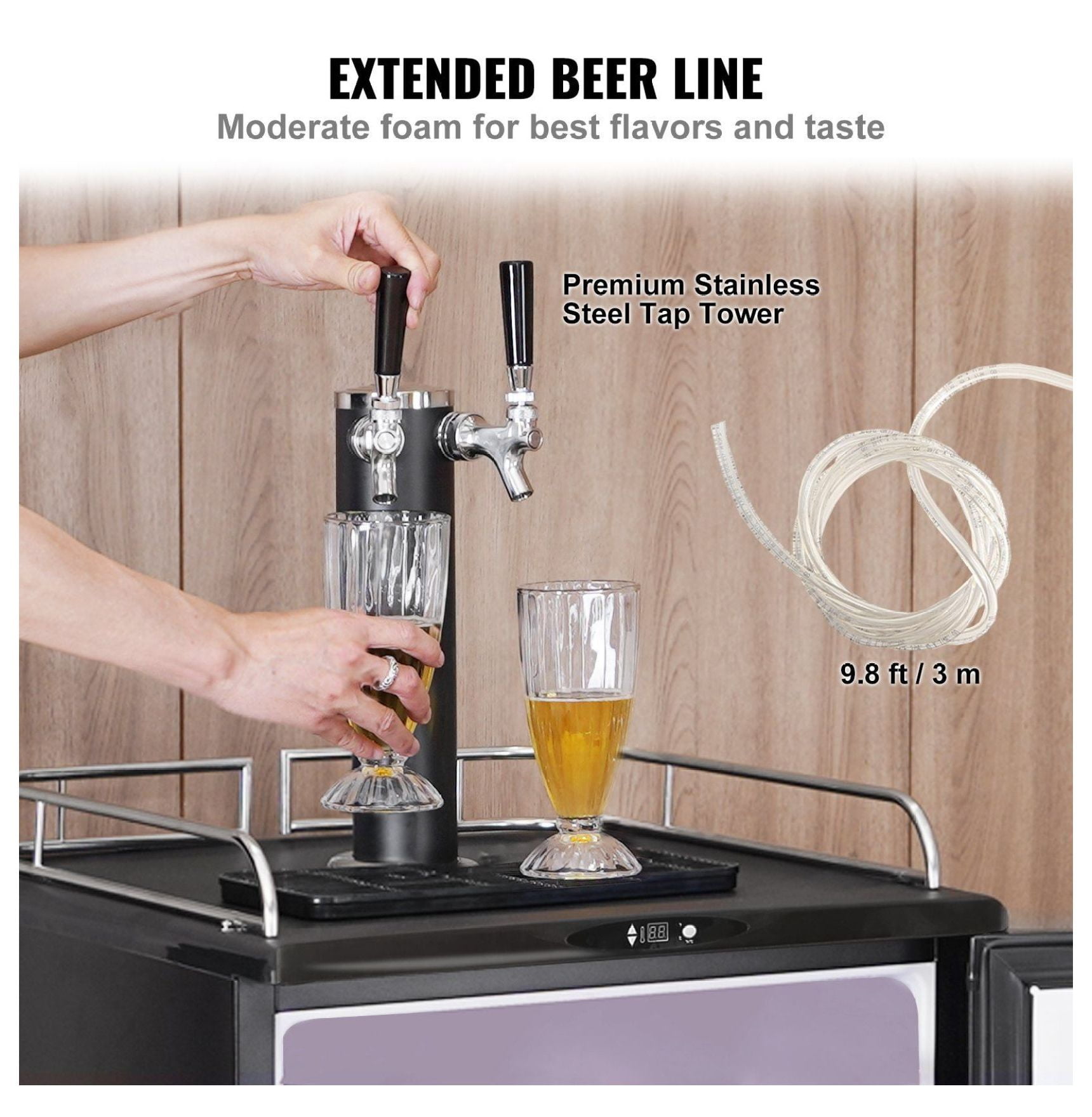Beer Kegerator Dual Tap Draft Beer Dispenser CO2 Ready - 1/6, 1/4, 1/2 Barrel Compatible, 32-75.2°F Temp Control, Black
