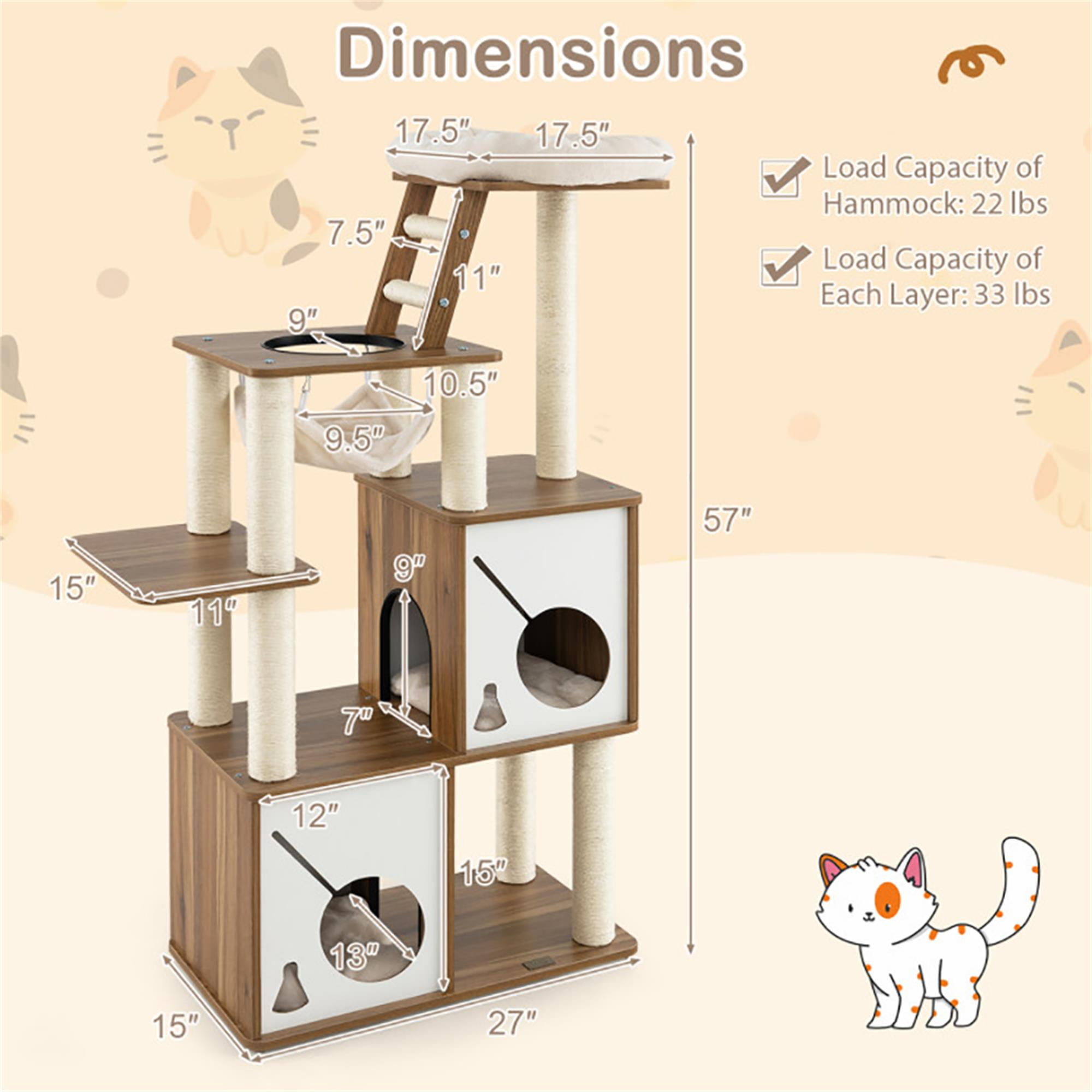 resenkos 57" Large Wooden Cat Tree Tower with Double Condos, Large Perch, Soft Hammock and Totally Wrapped Sisal Posts, Brown