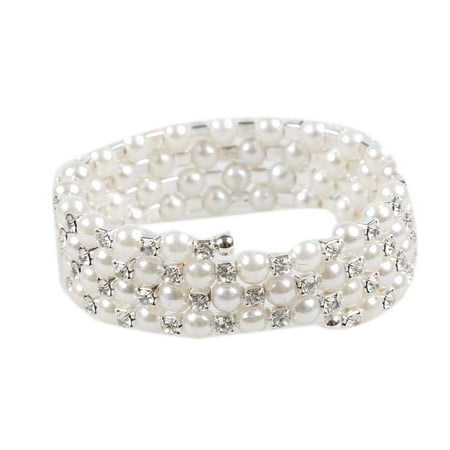 - Fancyleo 3-Row 4-Row Wraparound Coil Simulated Pearl Crystal Rhinestone Bridal Fashion Bracelet