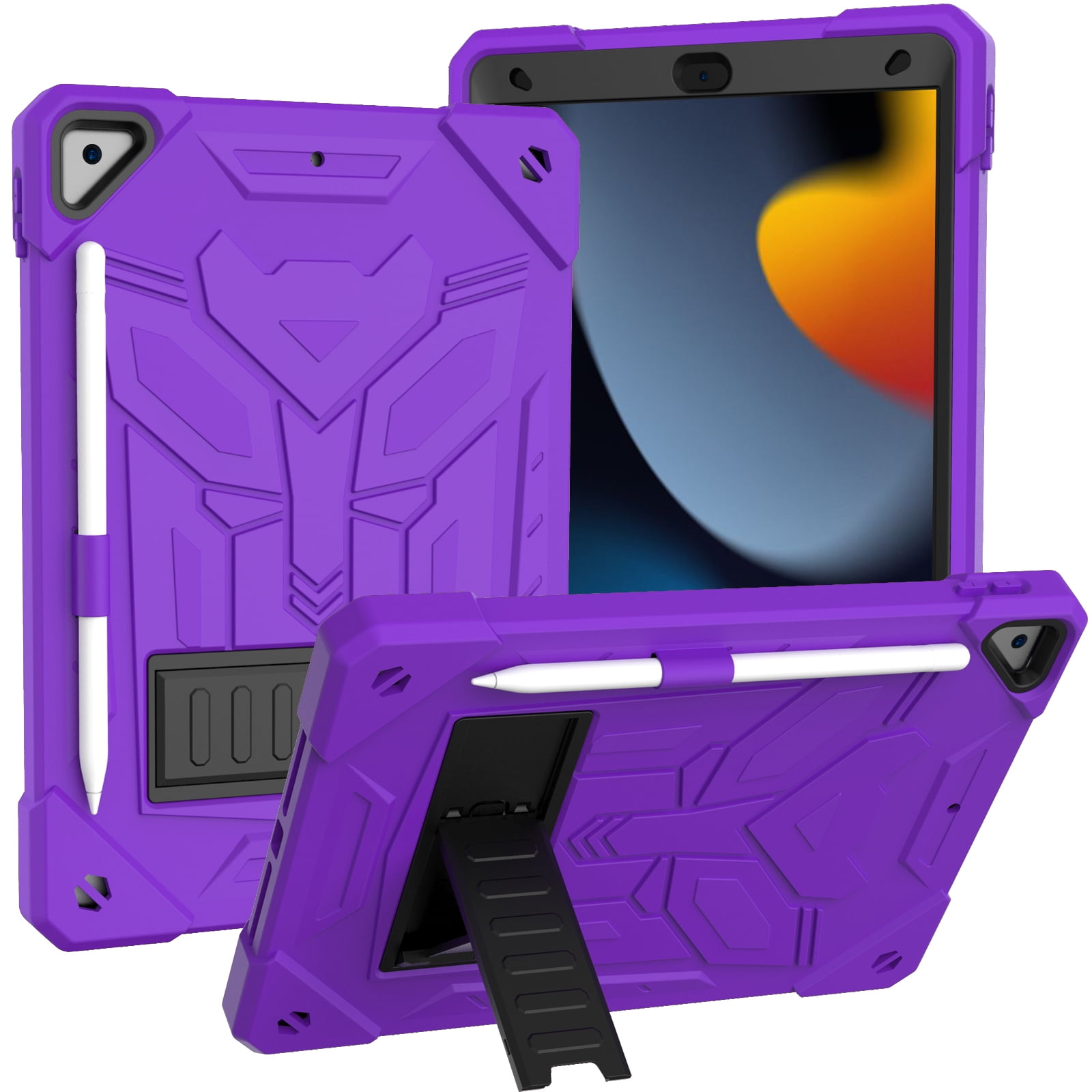ELEHOLD Hybrid Rugged Case for iPad 9th/8th/7th Gen 10.2 2021/2020/2019, Heavy Duty Shockproof Case with Hidden Foldable Kickstand Adjustable Crossbody Shoulder Strap Pencil Holder,Purple
