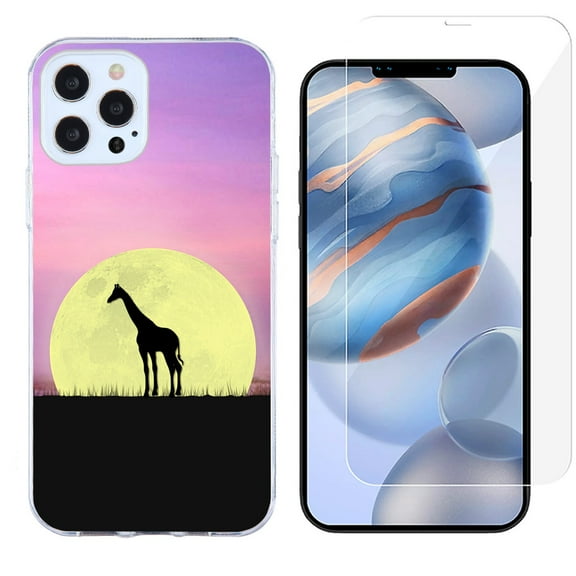 Slim-Fit Protective Phone Case compatible with iPhone 12 Pro Max, with Tempered Glass Screen Protector, by OneToughShield ® - Moonlight Giraffe