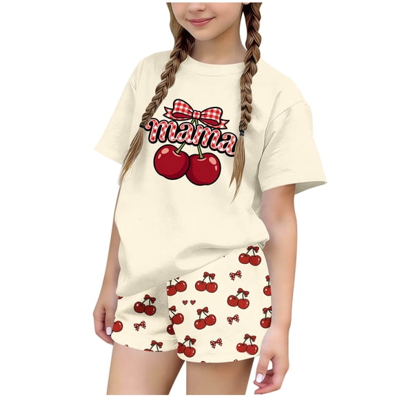 Cethrio Girls Summer Outfit Sets 2 Piece, Crew Neck Soft Short Sleeve Kids' Clothing Sets Beige Size 10-12