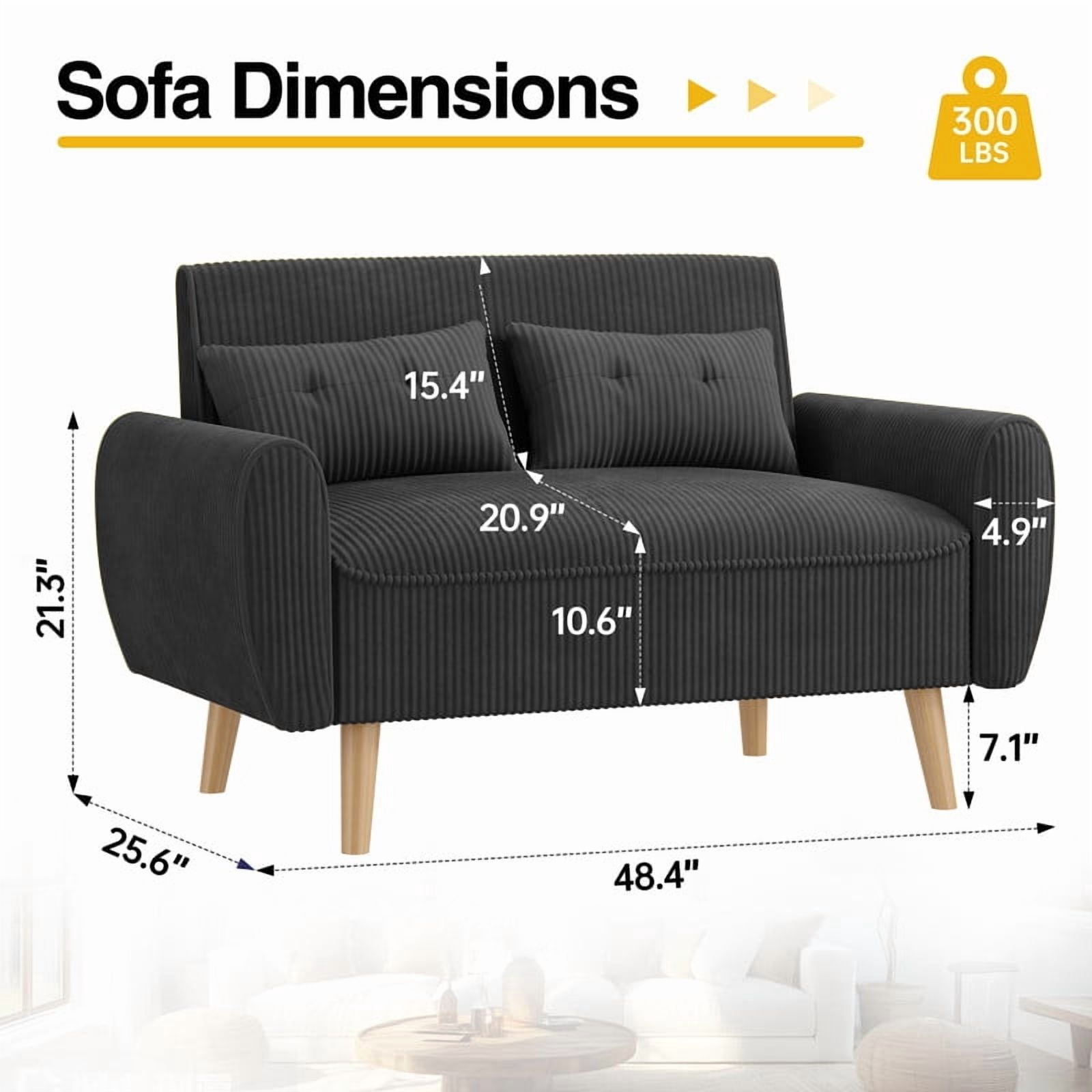 Sobaniilo 47" Small Modern Loveseat Sofa, Mid Century Linen Fabric 2-Seat Sofa Couch Tufted Love Seat with Back Cushions and Tapered Wood Legs for Living Room, Bedroom and Small Space (Black)