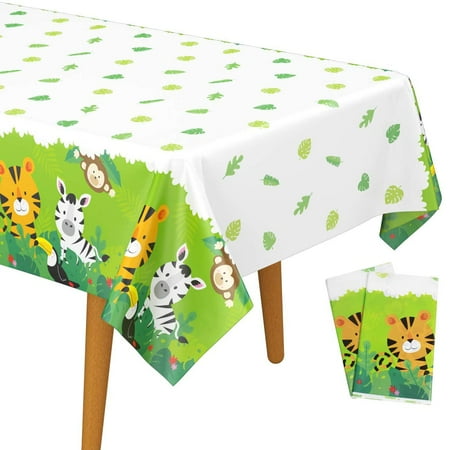 

DECORLIFE 2 Pack Safari Tablecloths 54 x 108 Cute Jungle Table Cloth with Animal Print Zoo Party Decorations for Kids Birthday Baby Shower