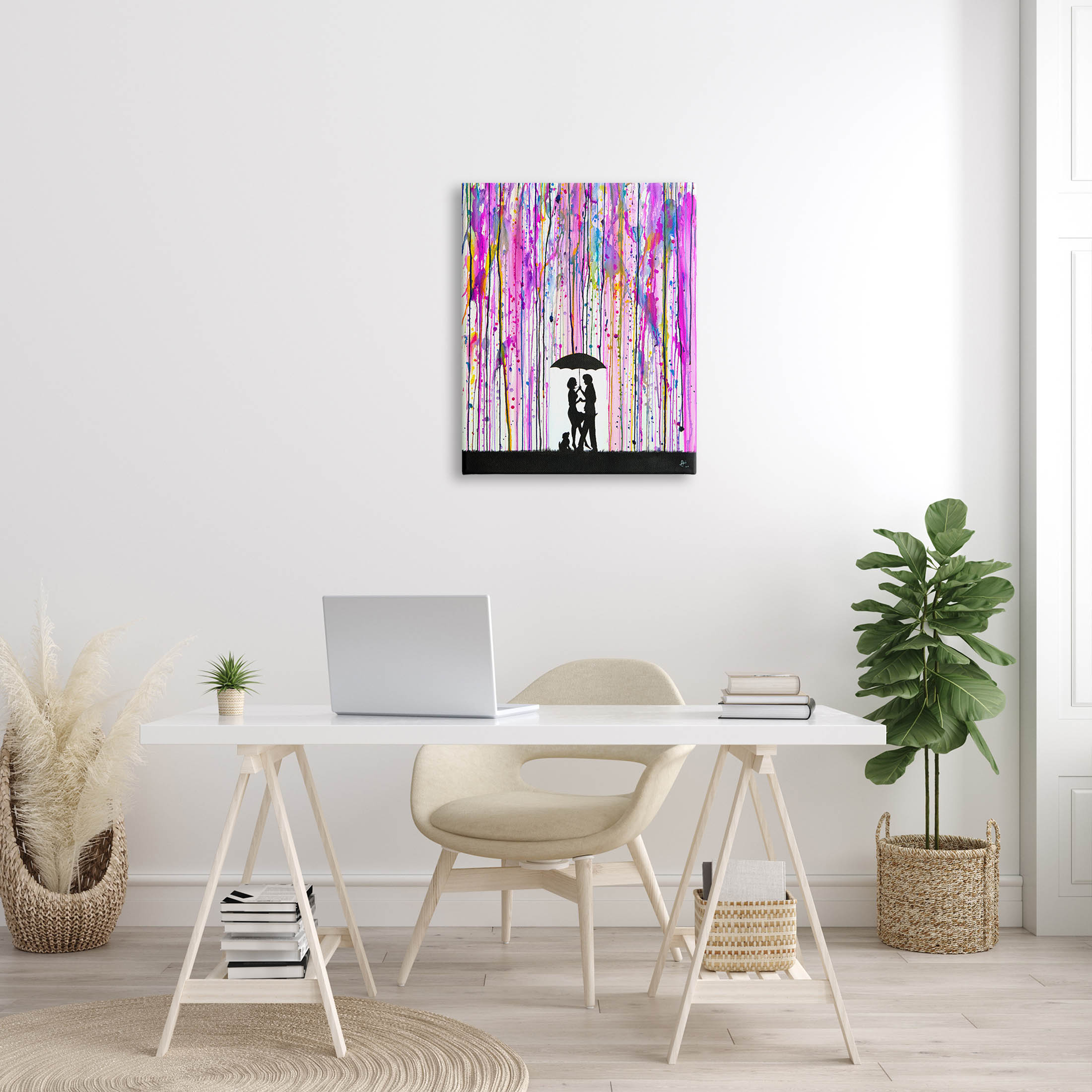 Bold Purple Rainfall Family Silhouette Abstract Graphic Art Gallery Wrapped Canvas Print Wall Art