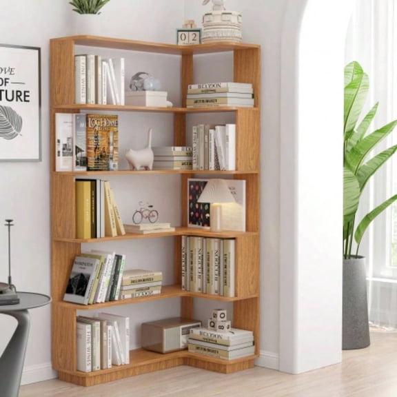 Dokea Bookcases 90cm Corner Bookshelf Tan Wooden Freestanding Storage Cabinet 35.43 in