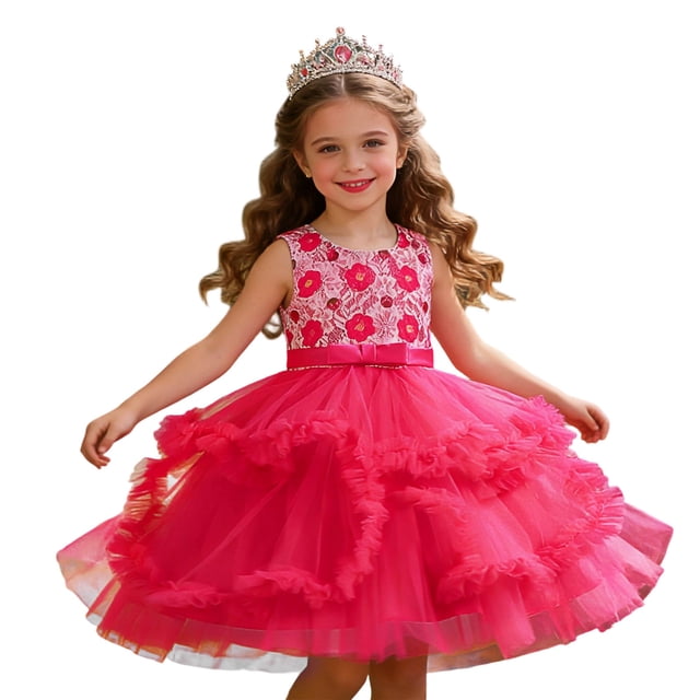 FhsagQ Robe de Fête Sans Manches pour Fille, Robe à Volants, Robe Tutu de Cérémonie pour Fille (Rose Vif Taille 2-3 Ans)