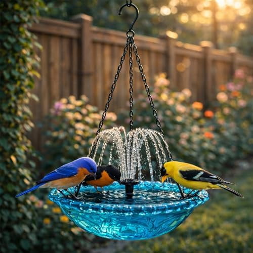 Esterze 2026 New Solar Cascade Hanging Bird Bath Fountain, Outdoor Hanging Bird Bath, Large Humming Birds Baths Fountains, with Solars Pump & Glass Bowl