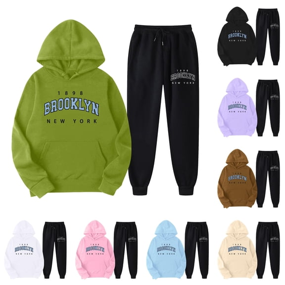 Yuhangmm Women's Sweatshirt Two Piece Pants Set with Cute Print Long Sleeve Hooded Sweatshirt for Matching Outfit and Comfortable Wear Green M