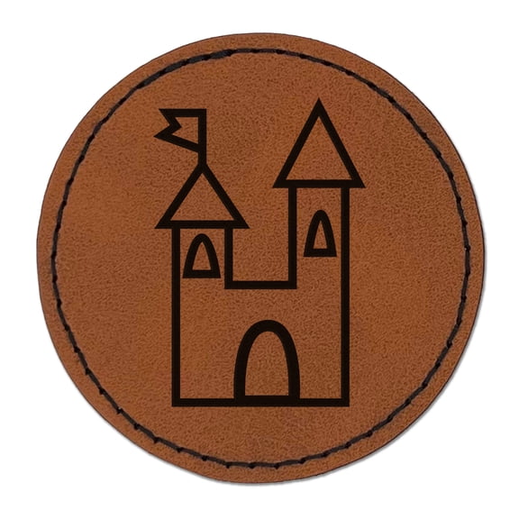 Castle Fairytale 2.5" Faux Leather Round Engraved Iron-On Patch - Brown