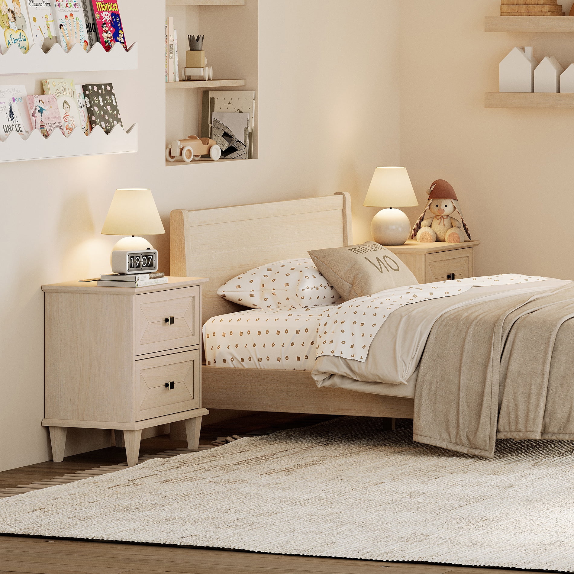 WAMPAT Set of 2 Nightstands with Charging Station, Modern Farmhouse Bedside Tables with Storage Drawers & Solid Wood Legs, Beige Side Tables for Bedroom, Light Beige