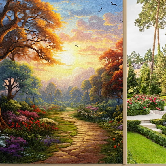 Static Cling Decorative Window Film Frosted Privacy Film Window Clings for Glass Windows No Glue Window Sticker for Bathroom Bedroom Office Sunset Tree1