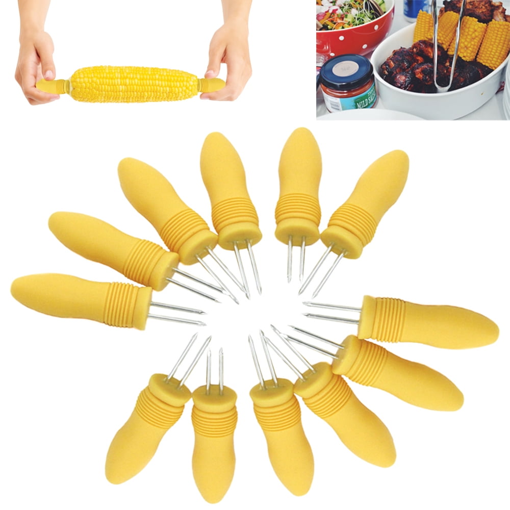 Gloryis Interlocking Corn Holder Stainless Steel Corn Skewers Fruit Meat Prongs with Silicone Handle for BBQ Grill Picnic Party 4pairs