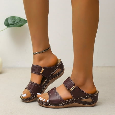 

ZHELIYO Women s sandals Ladies Fashion Solid Color Leather Hollow Breathable Fish Mouth Wedge Sandals Coffee 6.5