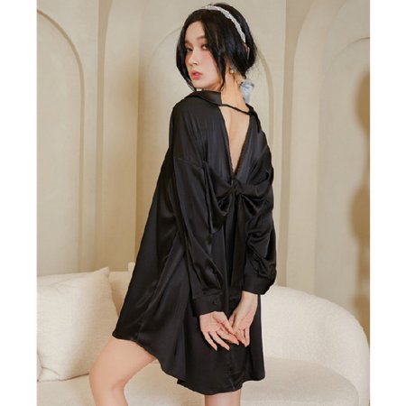 

PIKADINGNIS Summer Autumn Long Sleeve Womens Nightwear Black Lingerie Sexy Nightgown Button Satin Sleepshirts Night Dress Sleepwear Shirt