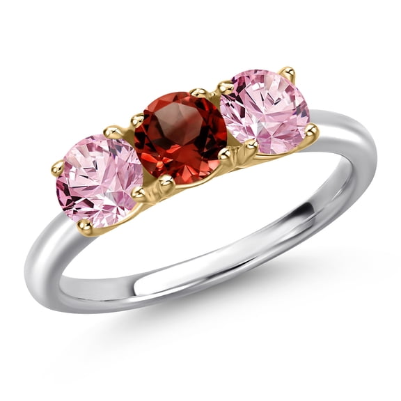 Gem Stone King 10K Two Tone Gold Red Garnet and Pink Lab Grown Diamond Engagement Ring for Women | 1.55 Cttw | Round 5MM | Gemstone January Birthstone | Size 9
