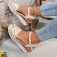 thumbnail image 4 of Rokment Women's Crochet Flower Platform Wedge Dress Sandals Beach Boho Fashion Casual Hollow out Espadrilles Chunky High Heel Summer Shoes Bride Wedding Beige Size 7, 4 of 7