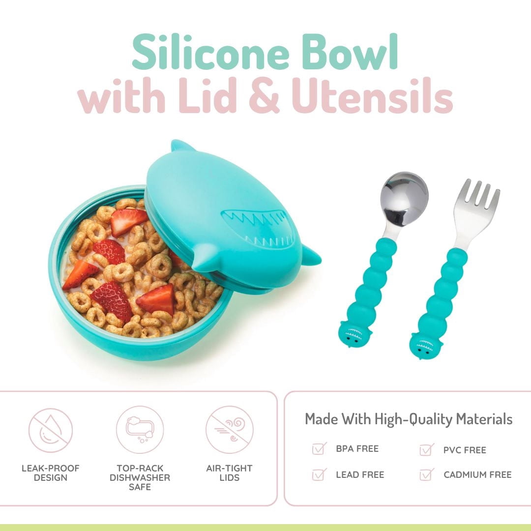 Melii Silicone Animal Bowl with Lid and Utensils - Blue Shark