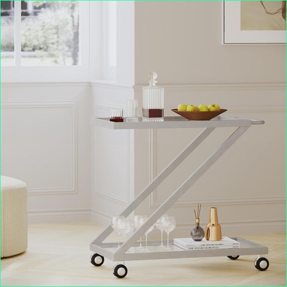 Bar Cart | Modern Minimalist with Tempered Glass Shelves & Rolling Casters | Silver | Glass Metal