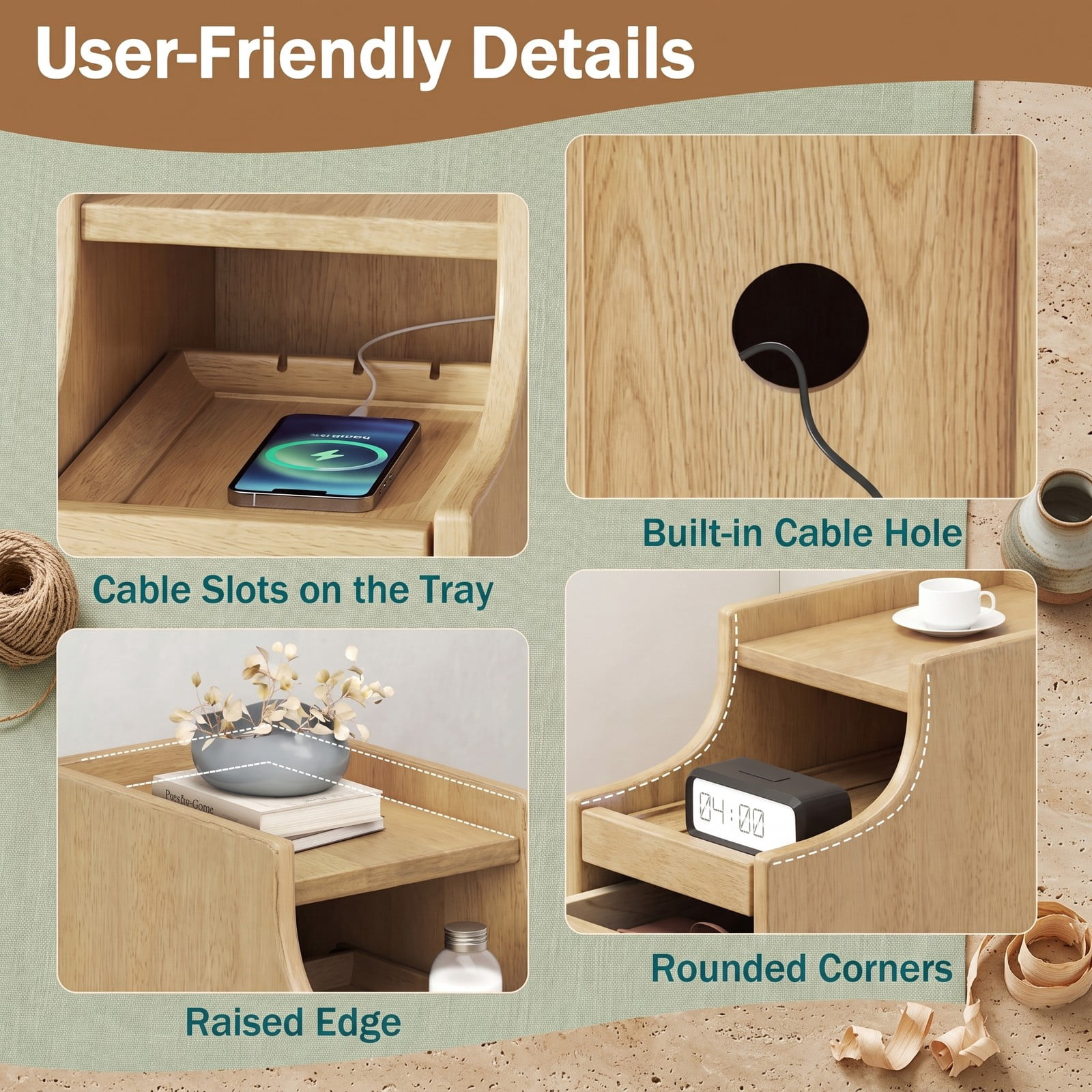 Furnibear Narrow Nightstand with Pull-out Tray and 2 Storage Drawers, Slim Solid Wood Bedside Table for Small Spaces and Tight Corners, Natural