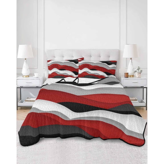 Quilts King Size, Red Black Ombre Soft Comforter Bedding Set for Bed, Modern Geometric Moire Abstract Art Lightweight Quilted Bedspread with Pillow Cover(2 Pieces) for All Season, 96x106 Inch