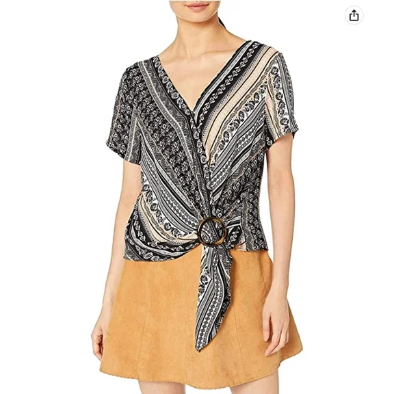 A. Byer Women's Juniors Short Sleeve Tie Front Faux Wrap Top, Black Stripe, L