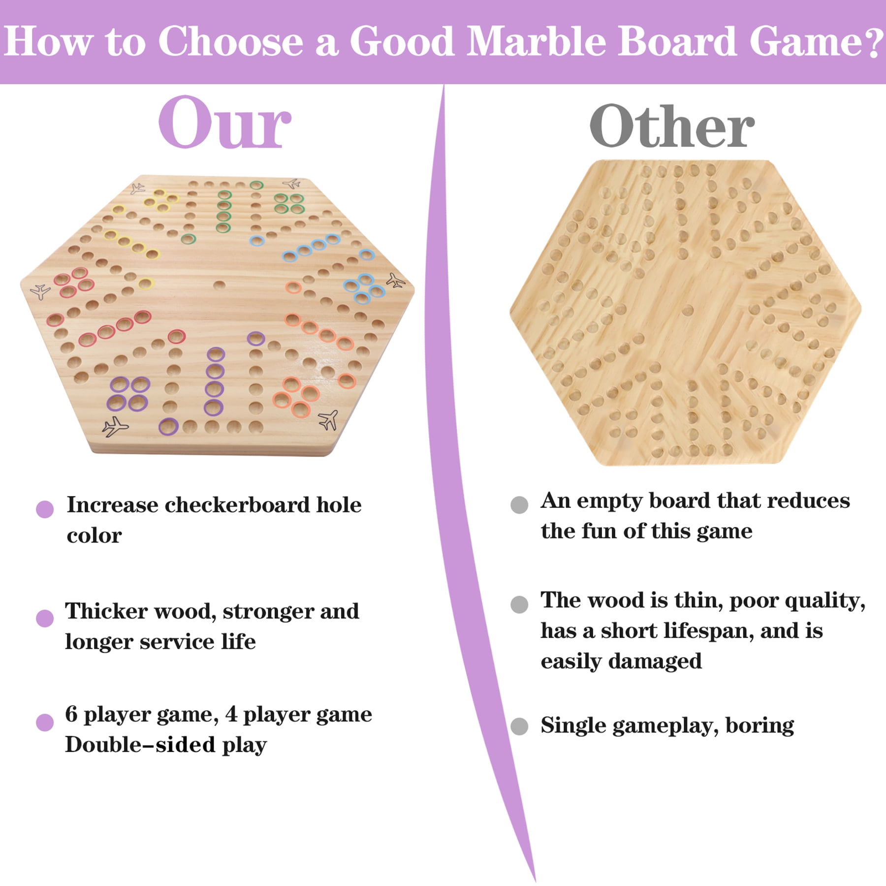 Grhonior Original Marble Game Wahoo Board Game Double Sided Painted Wooden Fast Track Board Game for 6 and 4 Players 6 Colors 24 Marbles 6 Dice for Family Friends