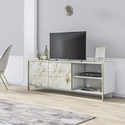 Polka Modern Metal Wood TV Stand for TVs up to 70", White & Marble Veneer