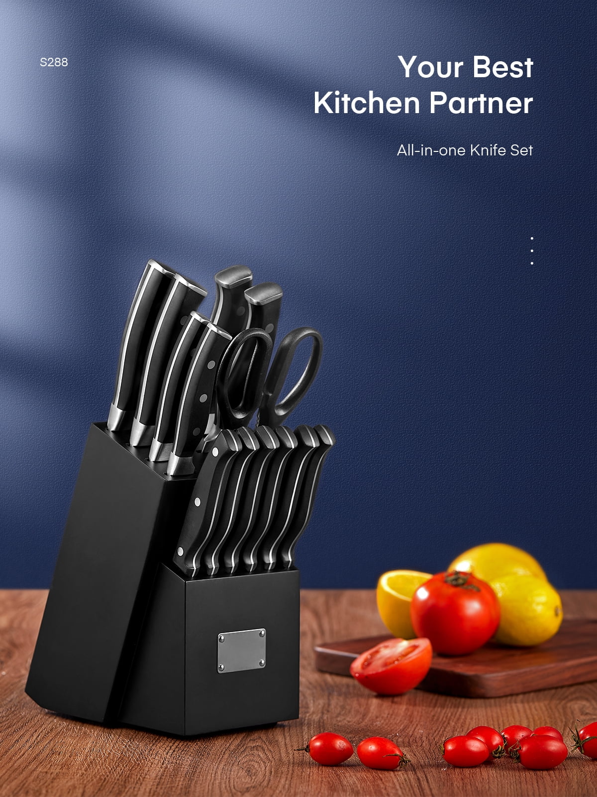 D.Perlla Knife Set, 14PCS German Stainless Steel Kitchen Knives Block Set  with Built-in Sharpener, Black